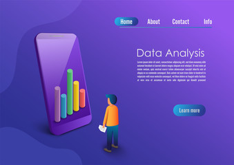 Poster - Application of Smartphone with business graph and analytics data on isometric mobile phone. Analysis trends and financial strategy by using infographic chart. Vector concept illustration