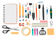 Various Tools For Drawing Or Sketching. Hand Drawn Big Vector Set. Sketchbook, Crayons, Pencil, Eraser, Pen, Marker, Ruler, Scissors, Ink, Etc. Colored Trendy Illustration. All Elements Are Isolated
