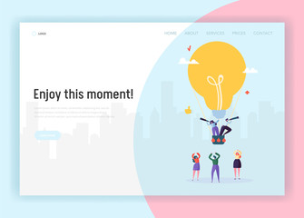 Poster - people on lightbulb flying airballoon looking for business idea concept landing page. male and femal