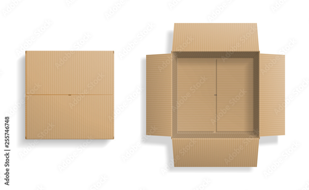 Realistic cardboard box set, opened and closed top view - obrazy, fototapety, plakaty 