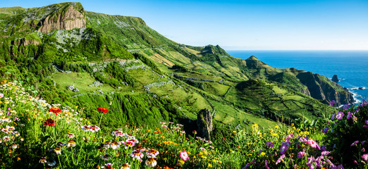 Portugal, the Azores landscape: Flores Island, wide angle view on Rocha dos Bordoes, a volcanic rock on the coast of Flores, an beautiful green island at the azores.