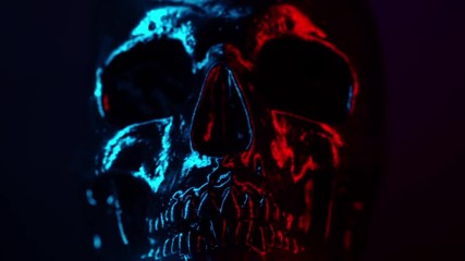 Wall Mural - Human skull head rotates from left to right on black background with neonblue and red light. Halloween celebration, glamour, style concept. fear and horror