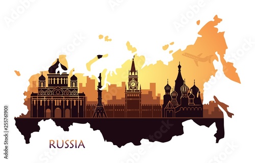 Fotografía Abstract landscape of Moscow with sights at sunset in the form of a map of Russi