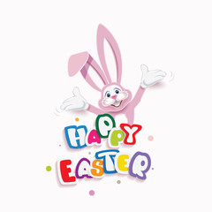 Wall Mural - Cute pink Easter Bunny with colorful text -Happy Easter- isolated on a light background
