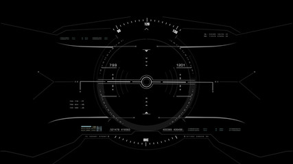 Fototapete - Aerial view from the fighter plane's cockpit flying over the low cloud cover mountain scape with head up display acquire targets and enemies location hidden in the dense mountain forest