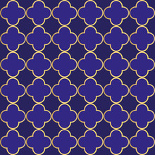 Seamless Background Of Geometric Islamic Trellis Pattern In Blue With Golden Outline