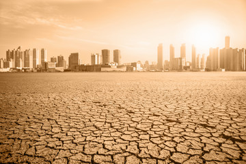 Wall Mural - Post-apocalyptic landscape. City after the effects of global warming. Climate changes concept.