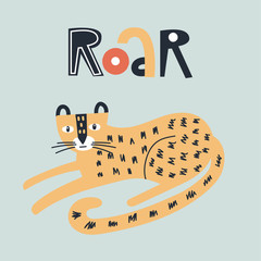 Wall Mural - Roar - Cute kids hand drawn nursery poster with jaguar animal and lettering. Color vector illustration.