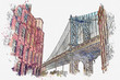 Watercolor sketch or illustration of a beautiful view of the Brooklyn Bridge and other buildings in NYC in the USA