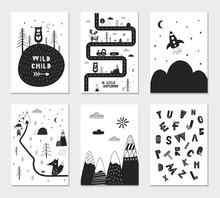 Collection Of Children Cards With Cute Animals And Lettering. Perfect For Nursery Posters. Vector Illustration.