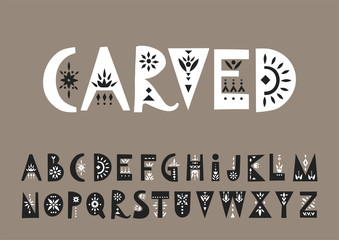Aufkleber - Vector display white uppercase alphabet decorated with black  folk patterns