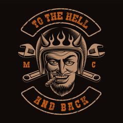 black and white illustration of a devil biker