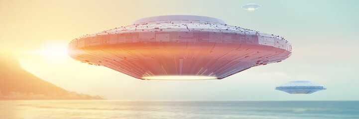 Wall Mural - ufo, science fiction scene with alien spaceship, extraterrestrial visitors in flying saucer over the