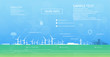Wind turbines, with electric pylons, power supply to the city, infographics.