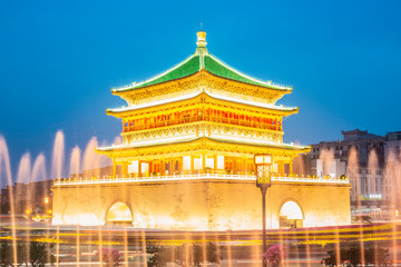 Sticker - Bell Tower of Xi'an at night. Built in 1384 during the early Ming Dynasty, is a symbol of the city of Xi'an and one of the grandest of its kind in China. Located in Xi'an City, Shanxi Province, China.