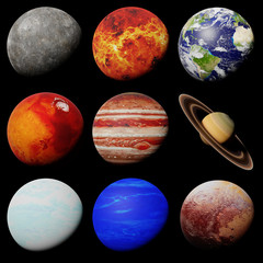 Wall Mural - the planets of the solar system isolated on black background (3d science rendering, elements of this image are furnished by NASA)