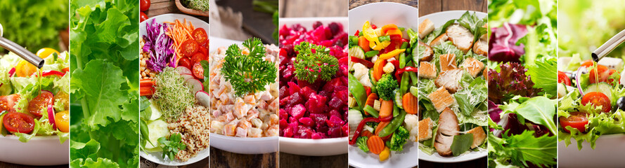 collage of various types plates of salad