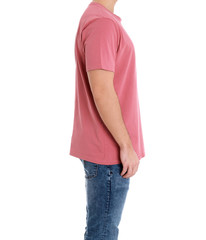 Poster - Young man on white background, closeup. Weight loss