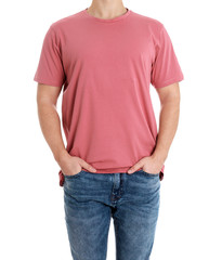 Poster - Young man on white background, closeup. Weight loss