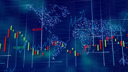 Blue hi-tech background - stock diagrams, graphs and tables. World map behind digits and lines. 3D rendering.