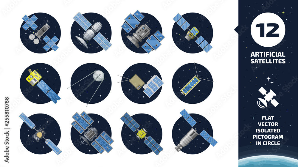 12 vector flat isolated color communication artificial satellite icon in circle space background with GPS tracking radar station, solar panel and dish. - obrazy, fototapety, plakaty 