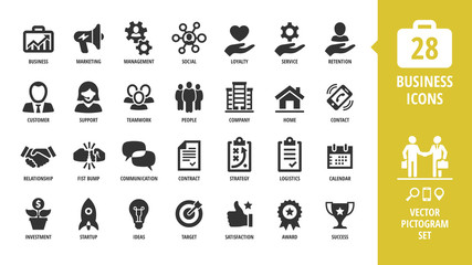 vector business isolated silhouette icon set with business, marketing, management, social, loyalty, 