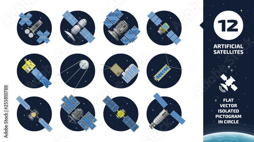 Cuadros en Lienzo 12 vector flat isolated color communication artificial satellite icon in circle space background with GPS tracking radar station, solar panel and dish