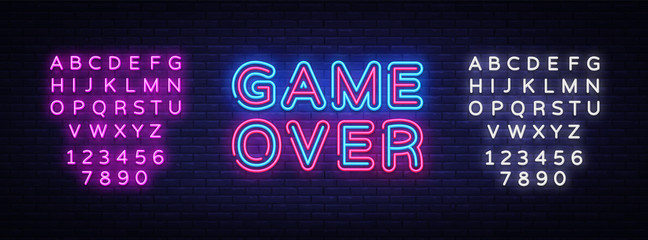 Wall Mural - Game Over Neon Text Vector. Game Over neon sign, Gaming design template, modern trend design, night neon signboard, night bright advertising, light banner, light art. Vector. Editing text neon sign