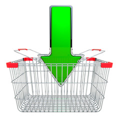 Poster - shopping basket with green arrow. add to basket concept. 3d rendering