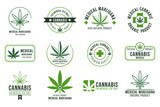 Fototapeta  - Cannabis label. Medical marijuana therapy, legal hemp plant and drug plants. Smoking weed badges isolated vector set