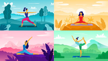 Yoga Exercise On Nature. Relax Outdoors Exercises, Healthcare Fitness And Healthy Lifestyle. Yoga Poses Flat Vector Illustration Set