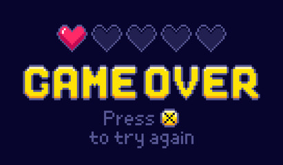 Poster - game over screen. pixel retro games, try again and 8bit gaming last life vector illustration