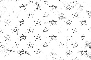 Canvas Print - Grunge pattern with sketches stars on the scratches surface. Horizontal black and white backdrop.