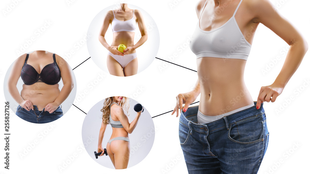 concept - Woman's body before and after weight loss on background - obrazy, fototapety, plakaty 