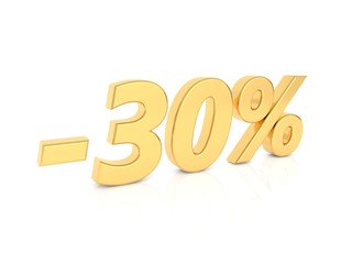 Wall Mural - Discount -30 percent gold numbers on a white background. 3d render illustration.