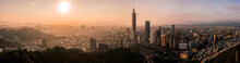 Aerial Drone Panorama Photo - Sunset Over The City Of Taipei, Taiwan.  Taipei 101 Skyscraper Featured.  