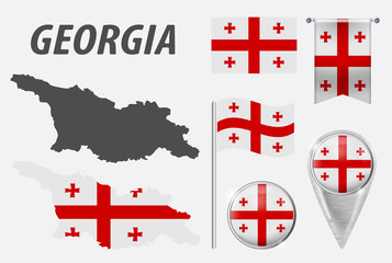 Canvas Print - Georgia country. Collection of symbols in colors national flag on objects isolated on white background. Flag, pointer, button, waving and hanging flag, detailed outline map and country inside flag