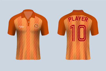 3D realistic mock up of front and back of orange soccer jersey t-shirt kit. Concept for football team uniform or apparel mockup in vector illustration. - Vector 