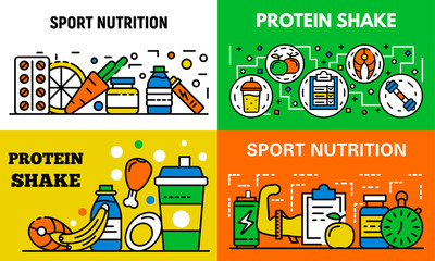 Sticker - Sport nutrition banner set. Outline set of sport nutrition vector banner for web design
