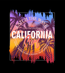 Surfing in California. Colorful poster with palm trees and sun. T-shirt print with inscription, summer design for youth, teenagers.