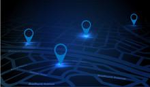 Gps Tracking Map. Track Navigation Pins On Street Maps. Futuristic Design Navigate Mapping Technology And Locate Position Pin. Gps Map Or Location Navigator, Vector Illustration