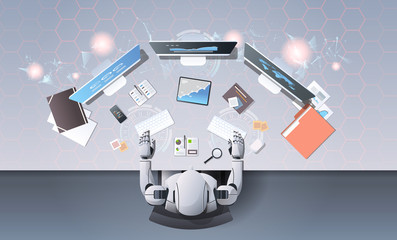 Poster - robot using computer monitors typing keyboard at workplace desk office stuff working process top ang