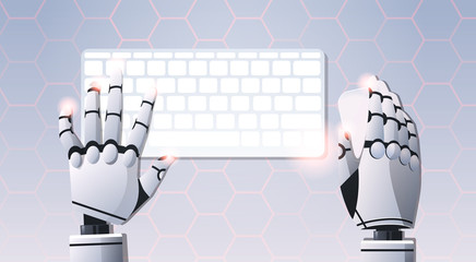 Poster - robot hands holding mouse using computer keyboard typing top angle view artificial intelligence digi