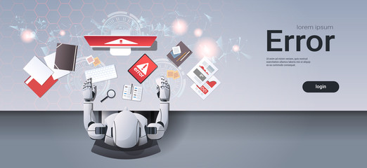 Poster - robot using digital devices problem computer application software error humanoid sitting at workplace desk top angle view artificial intelligence technology concept horizontal