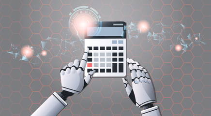 Poster - robot accountant using calculator top angle view artificial intelligence digital futuristic technolo