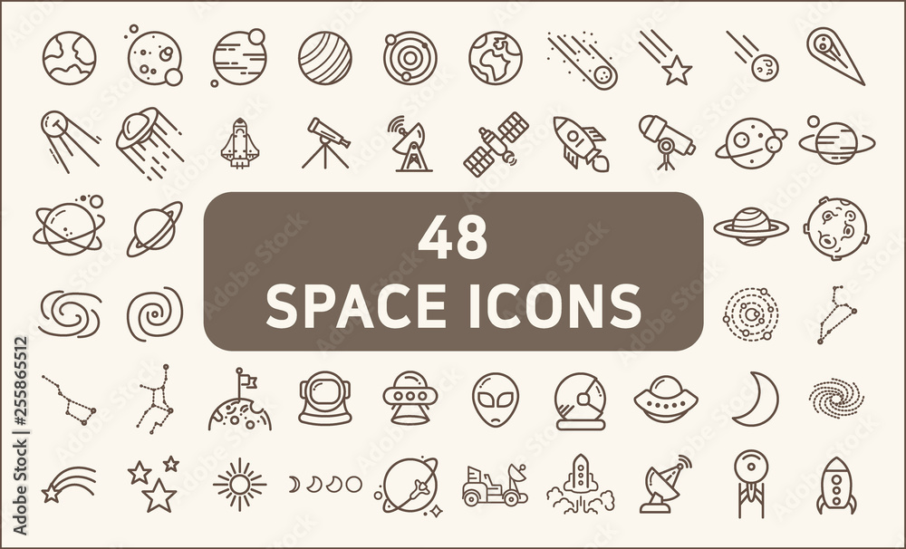 Set of 48 space and planet Vector Line Icons, thin line style.Contains ...