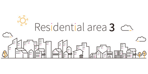 3色の線画のマンションやビルと戸建ての街　黒基調