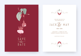 Wall Mural - Floral wedding invitation card template design, Fuchsia icy pink flowers with leaves on red, pastel vintage theme