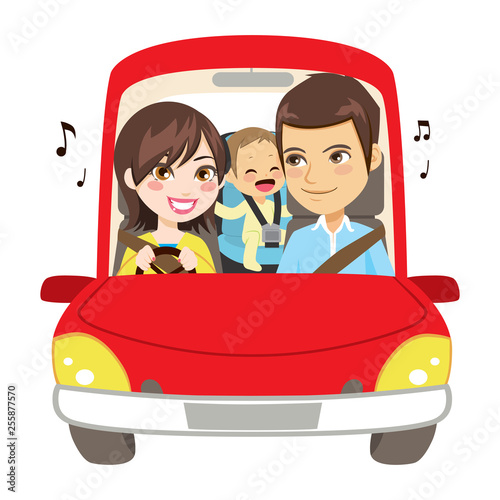 Happy family on car trip vacation together driving and singing listening music