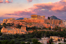 Sunset At The Acropolis Of Athens, With The Parthenon Temple, Athens, Greece.